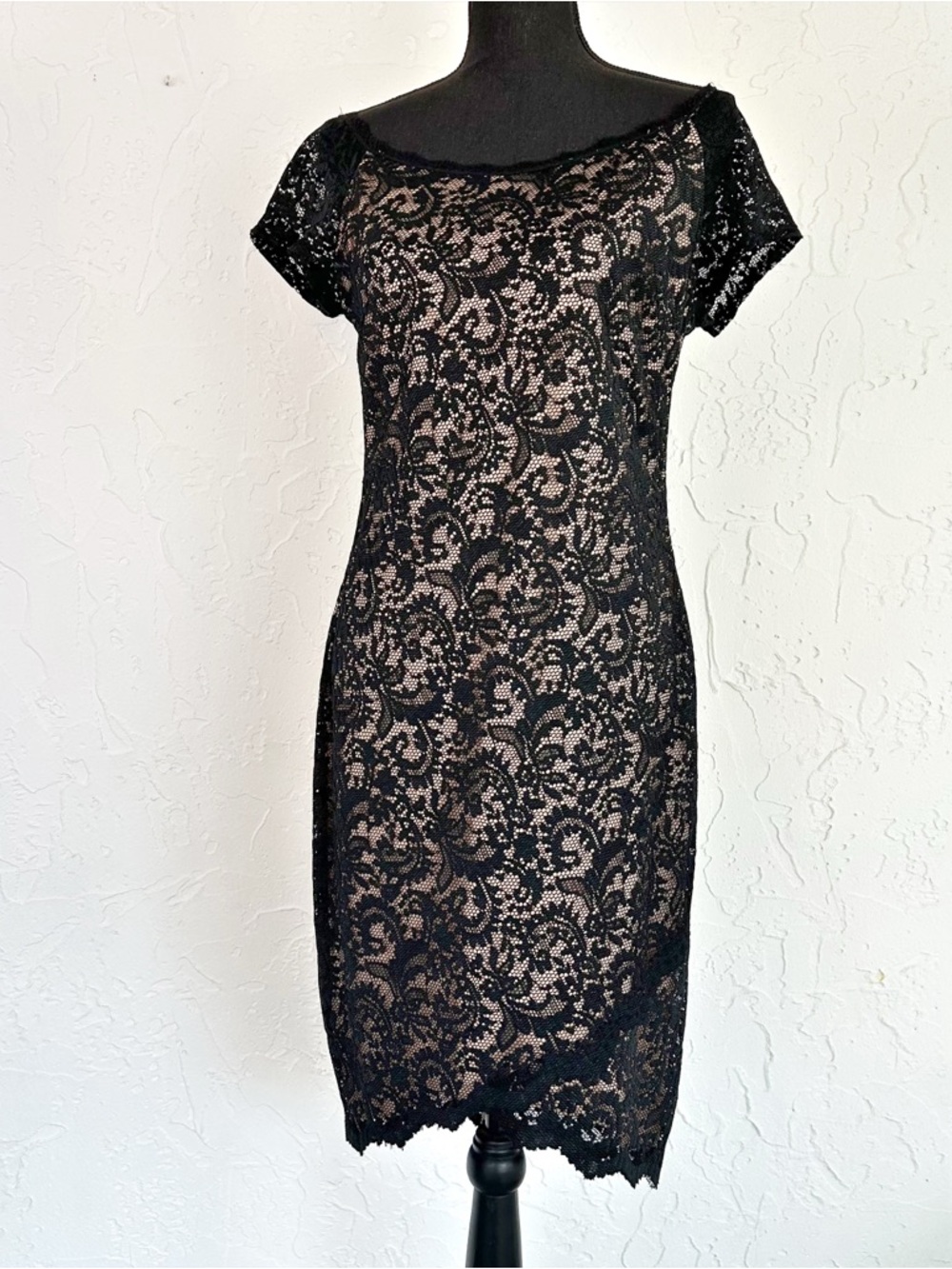 Black Lace Beige Lined Bodycon Dress Size 12 Prom Special Occasion Goth